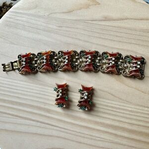 VTG 1950s Red Acrylic Bracelet 6.75 w Clip Earrings Set Faux Pearls Rhinestones